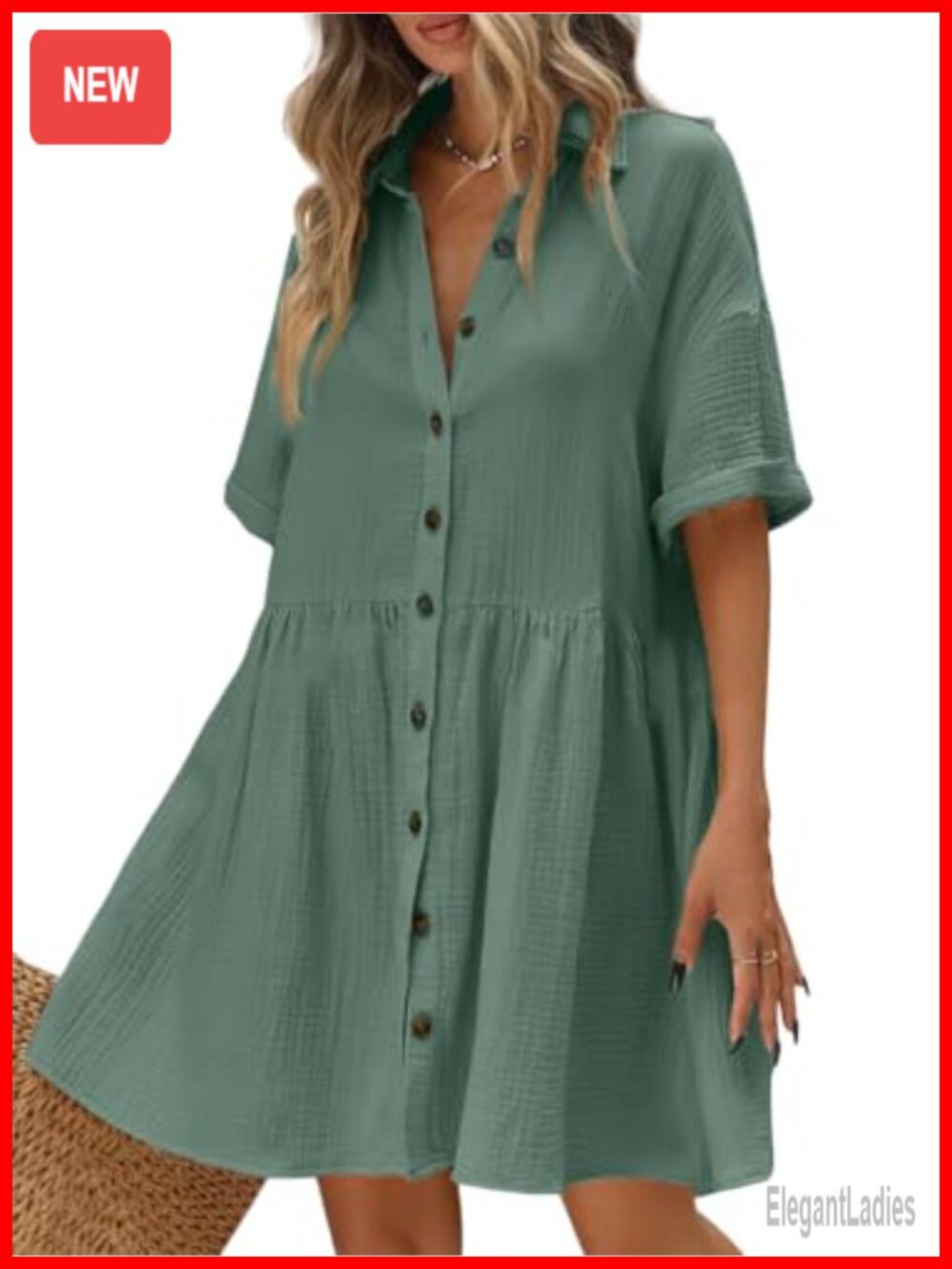 Women's Cotton Button Down Mini Shirt Dress Short Sleeve Babydoll Tunic
